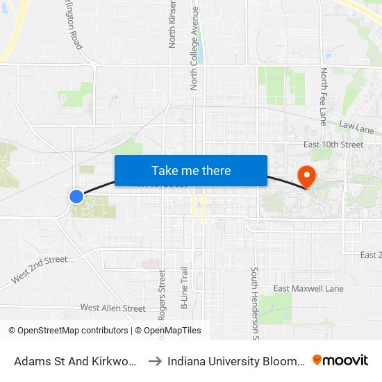 Adams St And Kirkwood Ave to Indiana University Bloomington map