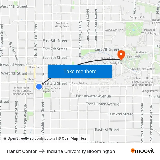Transit Center to Indiana University Bloomington map