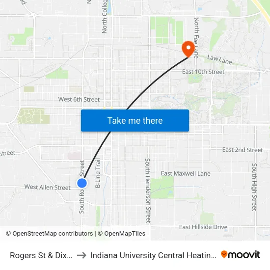 Rogers St & Dixie St to Indiana University Central Heating Plant map