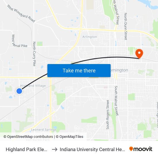 Highland Park Elementary to Indiana University Central Heating Plant map