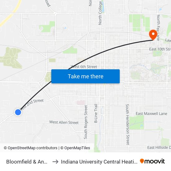 Bloomfield & Anna Lee to Indiana University Central Heating Plant map