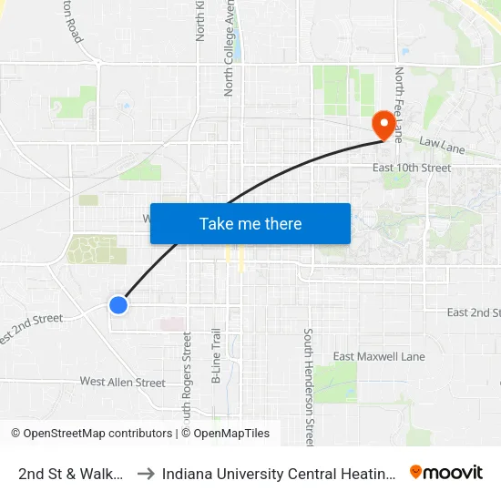 2nd St & Walker St to Indiana University Central Heating Plant map