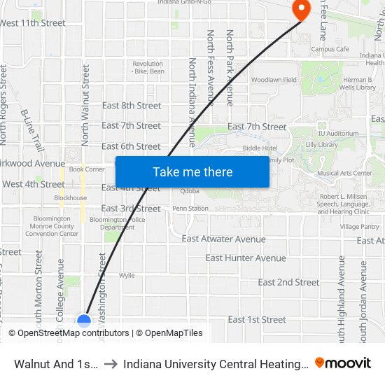 Walnut And 1st St to Indiana University Central Heating Plant map