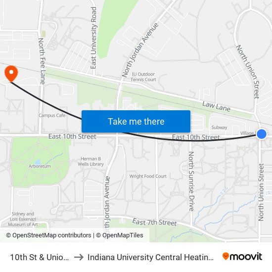 10th St & Union St to Indiana University Central Heating Plant map