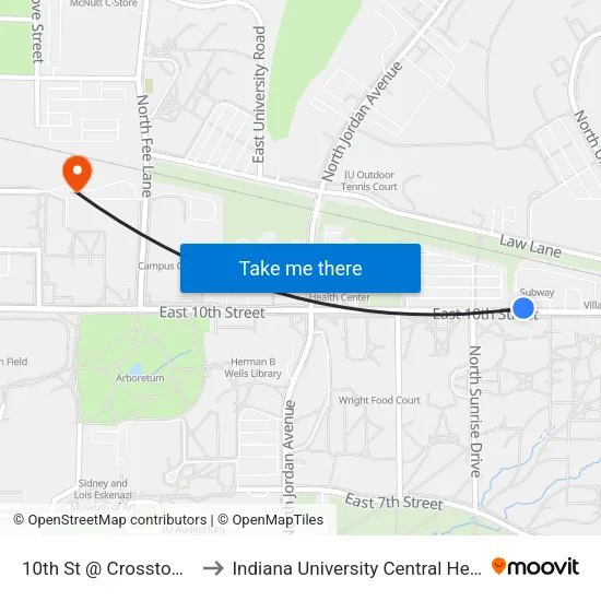 10th St @ Crosstown Plaza to Indiana University Central Heating Plant map