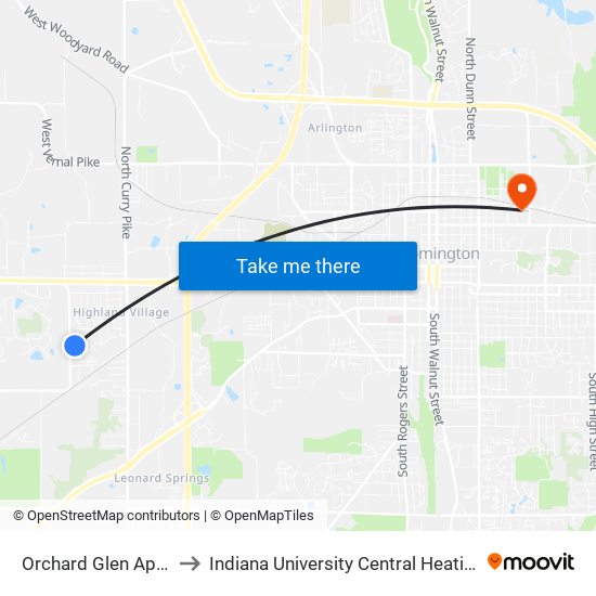 Orchard Glen Apts Ob to Indiana University Central Heating Plant map