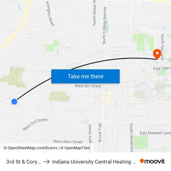 3rd St & Cory Ln to Indiana University Central Heating Plant map