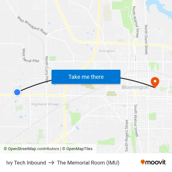 Ivy Tech Inbound to The Memorial Room (IMU) map