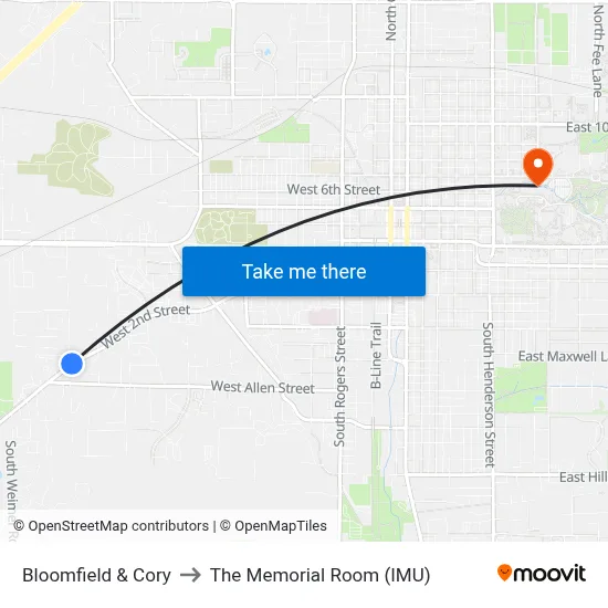 Bloomfield & Cory to The Memorial Room (IMU) map