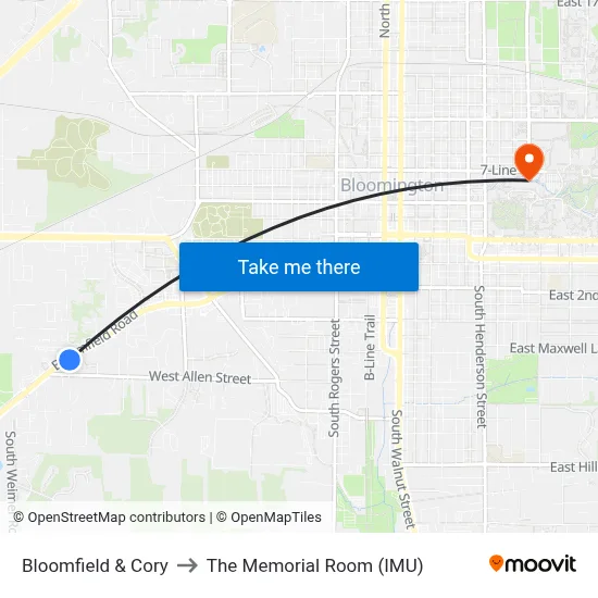 Bloomfield & Cory to The Memorial Room (IMU) map