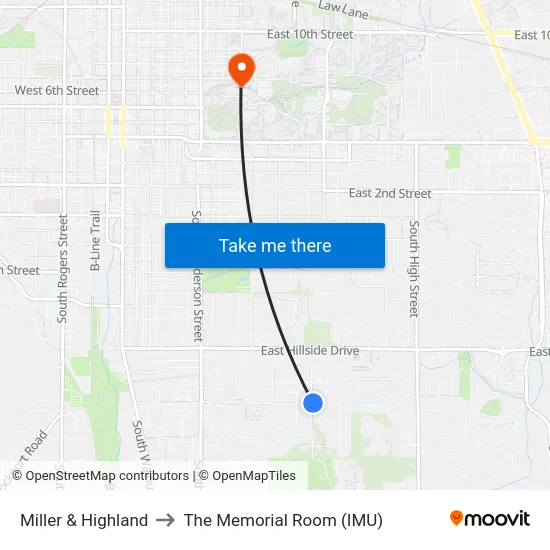 Miller & Highland to The Memorial Room (IMU) map