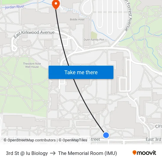 3rd St @ Iu Biology to The Memorial Room (IMU) map