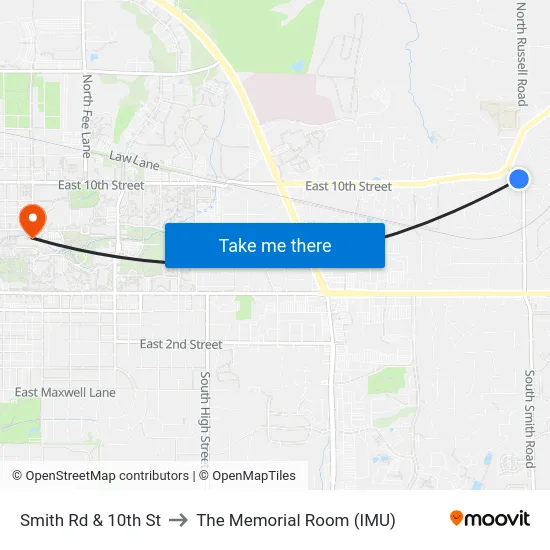 Smith Rd & 10th St to The Memorial Room (IMU) map