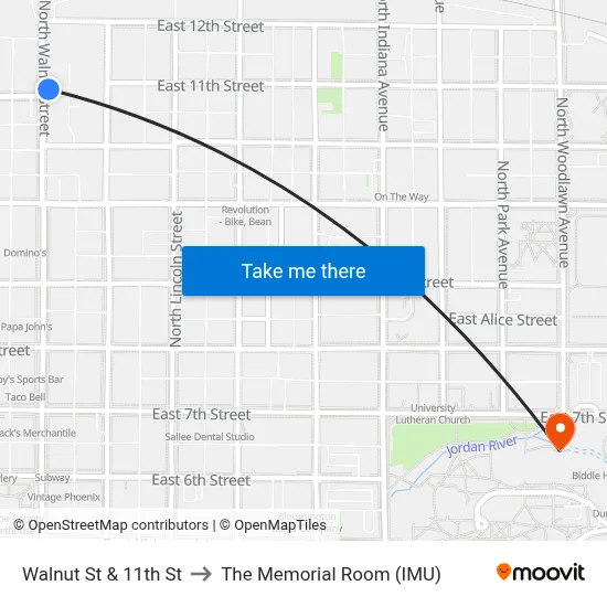 Walnut St & 11th St to The Memorial Room (IMU) map