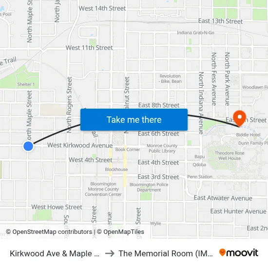 Kirkwood Ave & Maple St to The Memorial Room (IMU) map