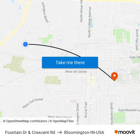 Fountain Dr & Crescent Rd to Bloomington-IN-USA map