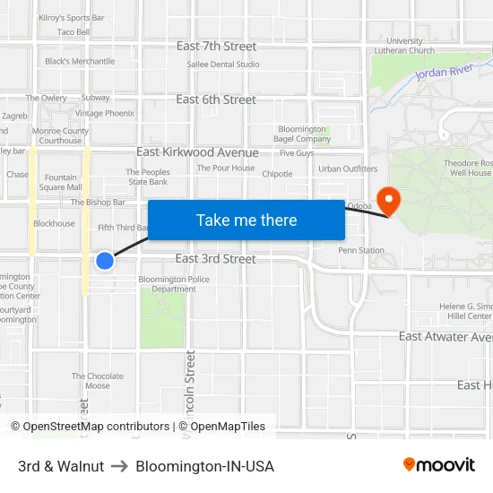 3rd & Walnut to Bloomington-IN-USA map