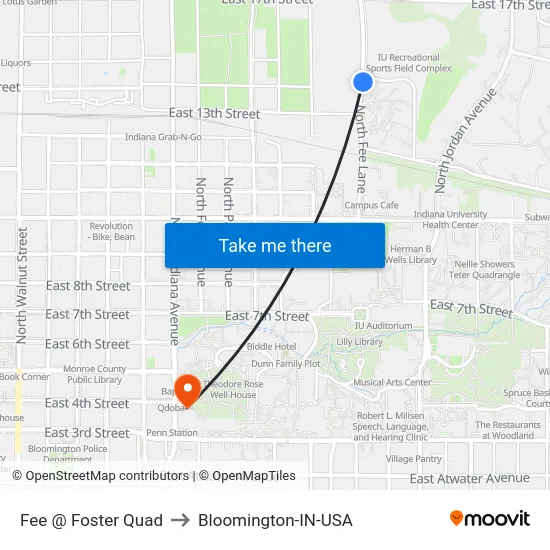 Fee @ Foster Quad to Bloomington-IN-USA map