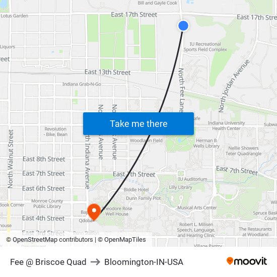 Fee @ Briscoe Quad to Bloomington-IN-USA map