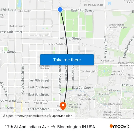 17th St And Indiana Ave to Bloomington-IN-USA map