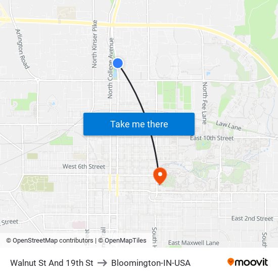 Walnut St And 19th St to Bloomington-IN-USA map