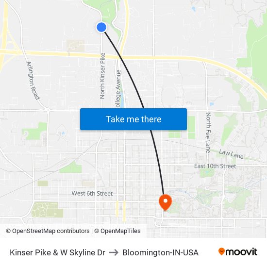 Kinser Pike & W Skyline Dr to Bloomington-IN-USA map