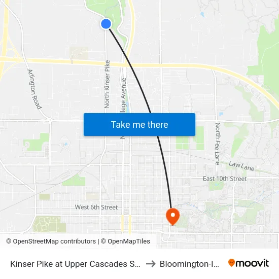 Kinser Pike at Upper Cascades Skate Park to Bloomington-IN-USA map