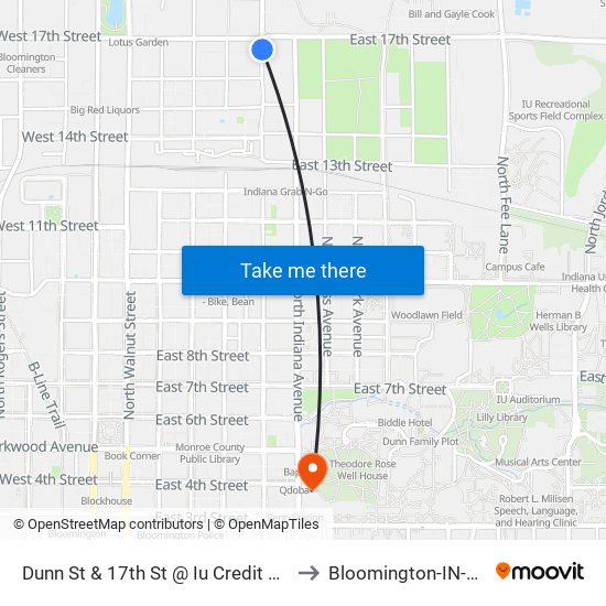 Dunn St & 17th St @ Iu Credit Union to Bloomington-IN-USA map