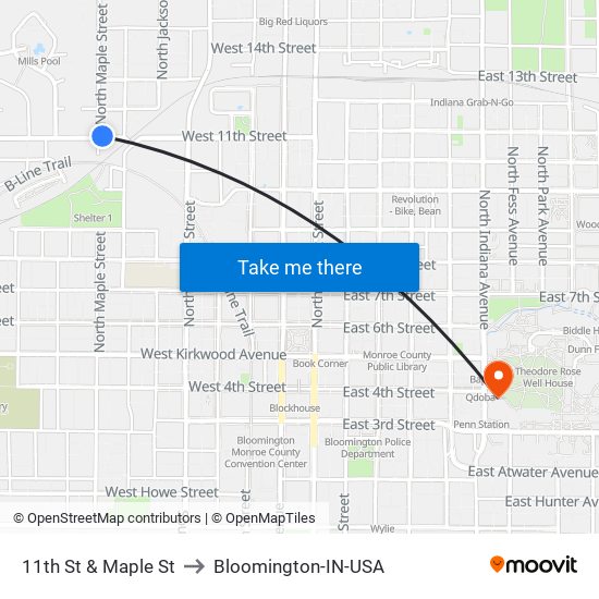 11th St & Maple St to Bloomington-IN-USA map