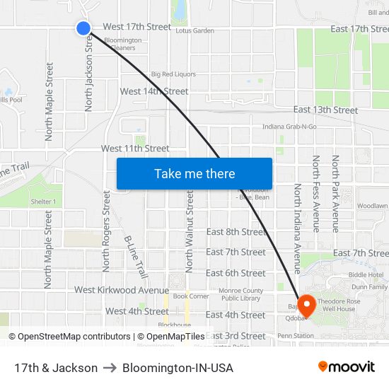 17th & Jackson to Bloomington-IN-USA map