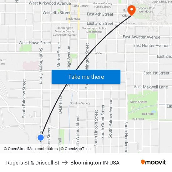 Rogers St & Driscoll St to Bloomington-IN-USA map