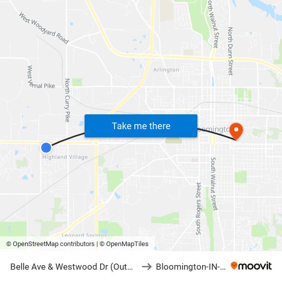 Belle Ave & Westwood Dr (Outbound) to Bloomington-IN-USA map