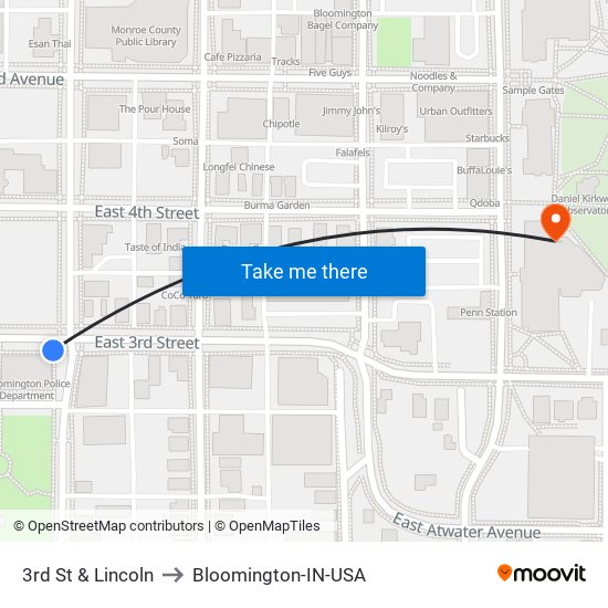 3rd St & Lincoln to Bloomington-IN-USA map