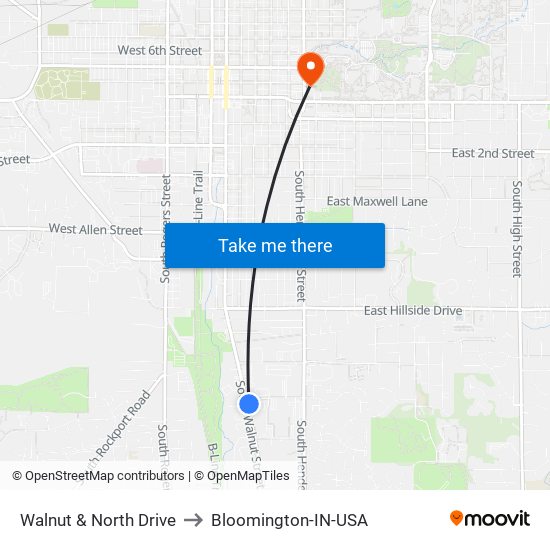 Walnut & North Drive to Bloomington-IN-USA map