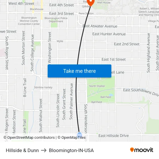 Hillside & Dunn to Bloomington-IN-USA map