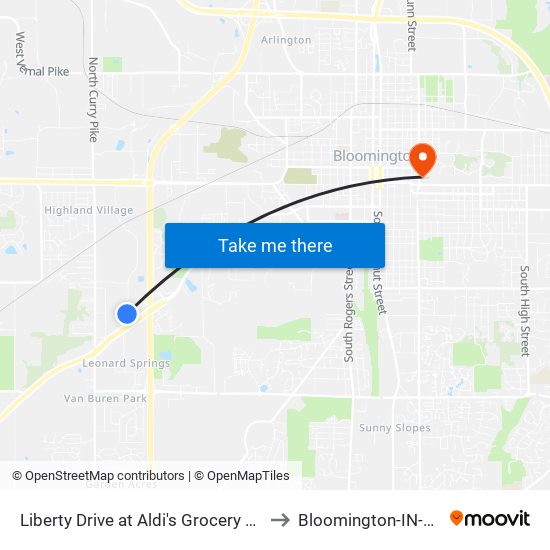 Liberty Drive at Aldi's Grocery Store to Bloomington-IN-USA map