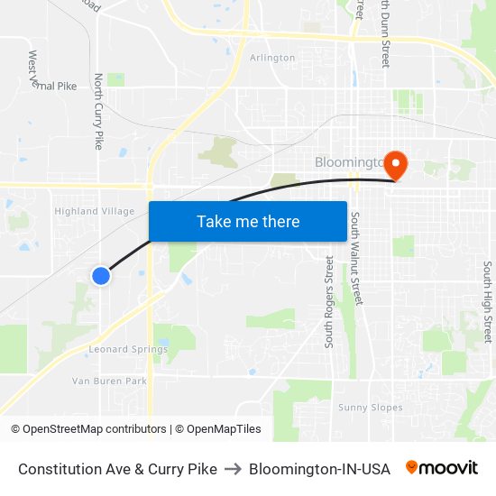 Constitution Ave & Curry Pike to Bloomington-IN-USA map