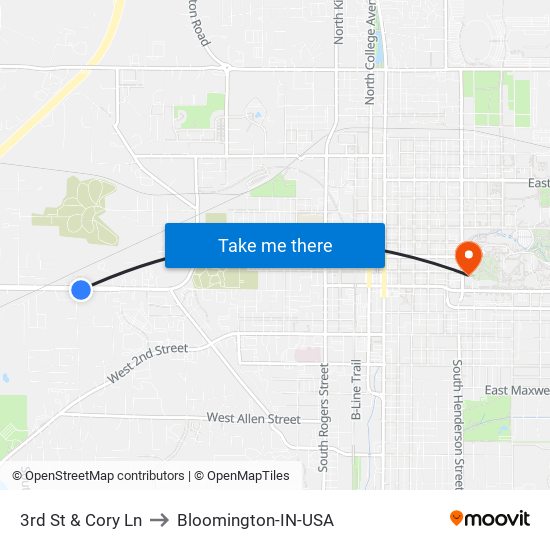 3rd St & Cory Ln to Bloomington-IN-USA map
