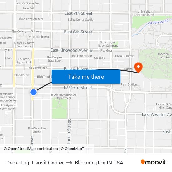 Departing Transit Center to Bloomington IN USA map