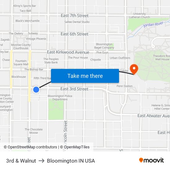 3rd & Walnut to Bloomington IN USA map