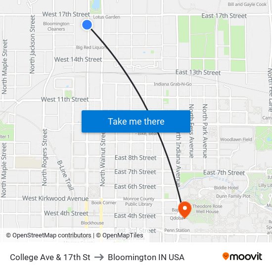 College Ave & 17th St to Bloomington IN USA map