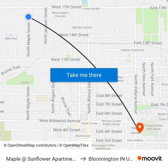 Maple @ Sunflower Apartments to Bloomington IN USA map