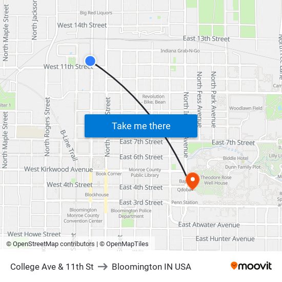 College Ave & 11th St to Bloomington IN USA map