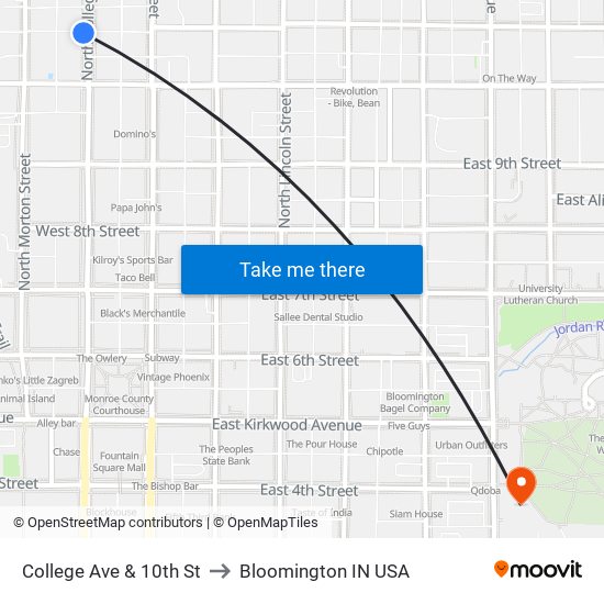 College Ave & 10th St to Bloomington IN USA map