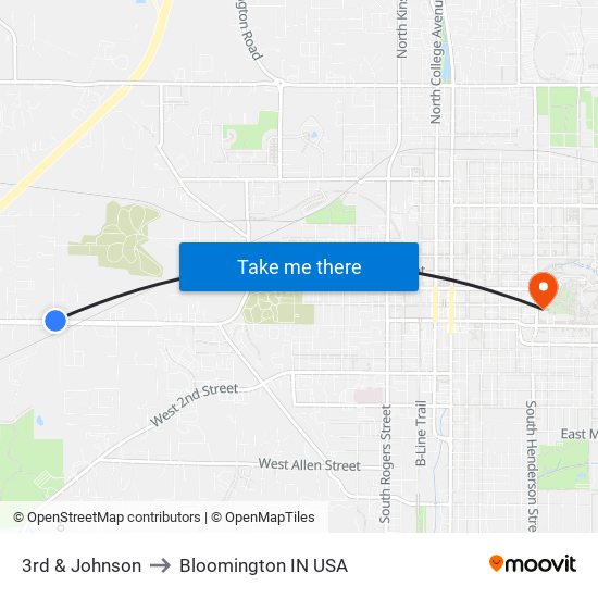 3rd & Johnson to Bloomington IN USA map