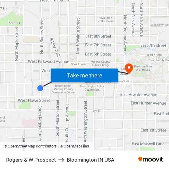 Rogers & W Prospect to Bloomington IN USA map