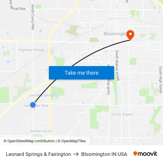 Leonard Springs & Fairington to Bloomington IN USA map