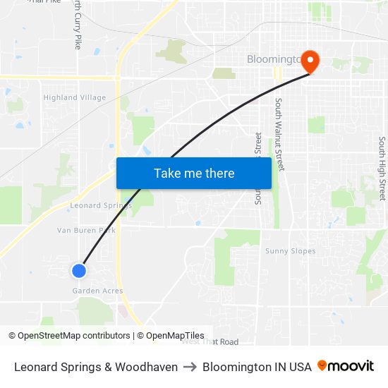 Leonard Springs & Woodhaven to Bloomington IN USA map