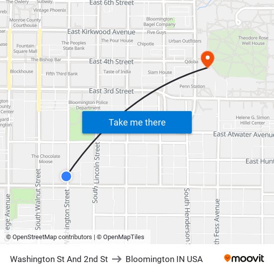 Washington St And 2nd St to Bloomington IN USA map