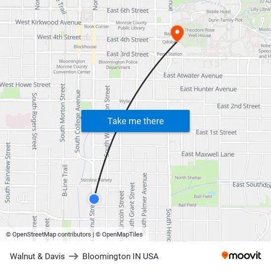 Walnut & Davis to Bloomington IN USA map